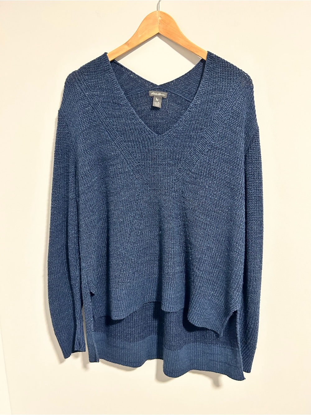 Eddie Bauer Blue Marled Knit V-Neck High-Low Sweater XL